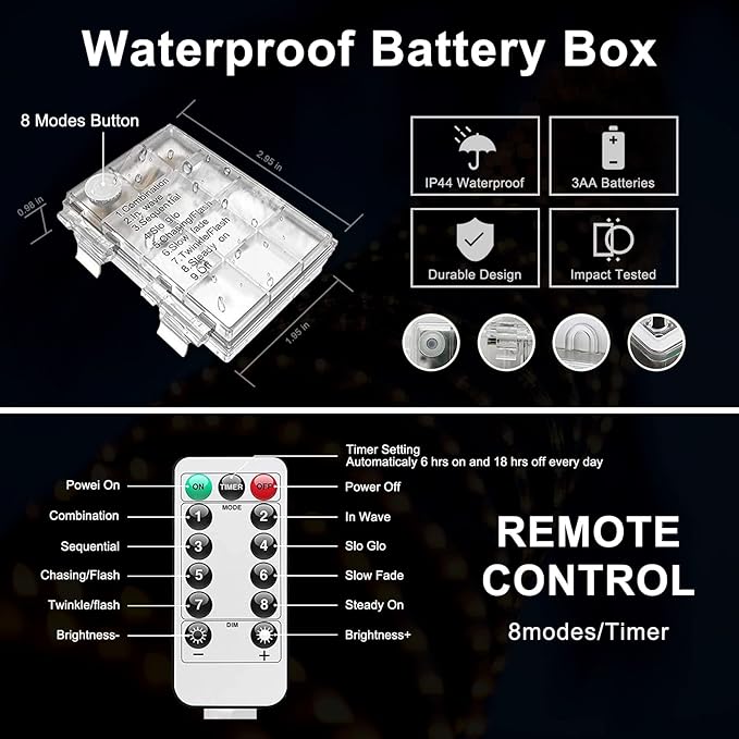 JMEXSUSS 100 LED Battery Operated Rope Lights - Outdoor Waterproof, 33ft 8Mode Battery String Lights Outdoor with Remote for Trampoline, Camping, Balcony, Canopy, Deck Decor (White)