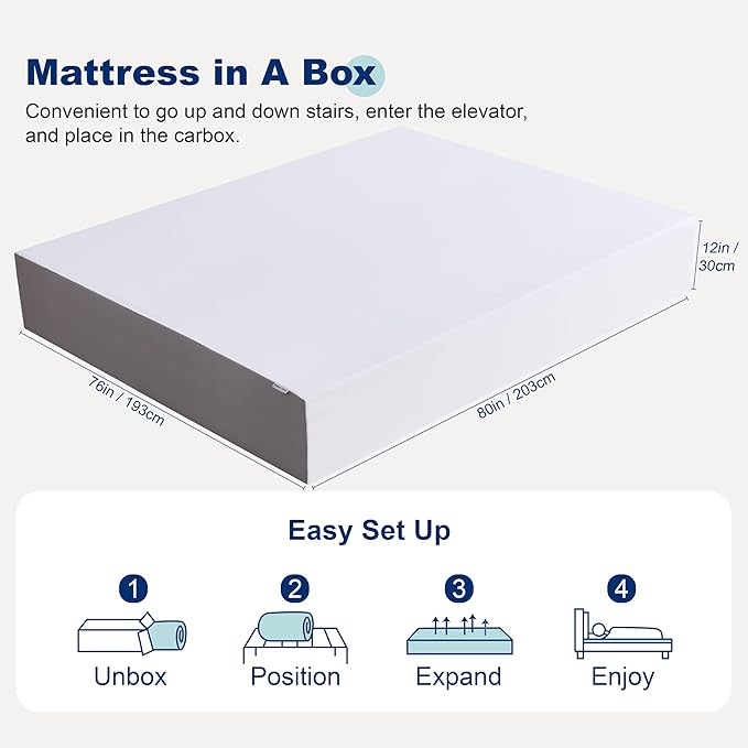 Amazon Basics Memory Foam Mattress, Soft Plush Feel, 12 Inch, King, White/Grey