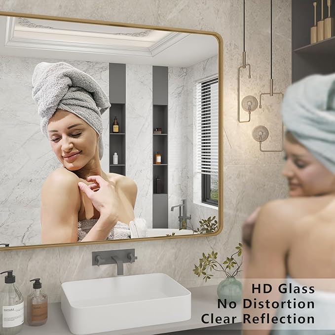 24x32 Gold Bathroom Mirror, Rounded Rectangle Gold Frame Mirror, Brushed Gold Brass Bathroom Vanity Mirror Wall-Mounted, Anti-Rust, Hangs Horizontally or Vertically