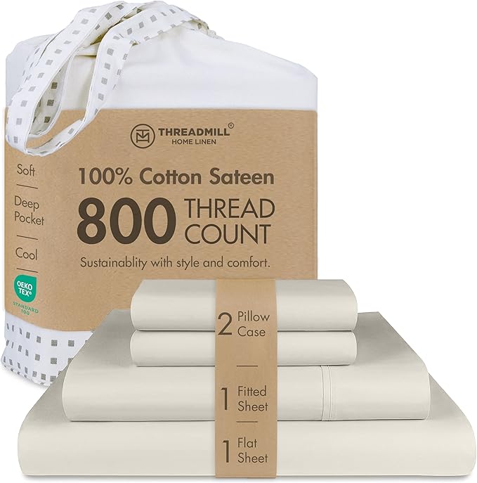 Threadmill Full Size Sheets | 800 Thread Count Bed Sheets with 16” Deep Pocket for Full Size Mattress | Sateen Weave, Better Than Egyptian Cotton, 4-Piece Bedding Set with Cooling Effect | Taupe