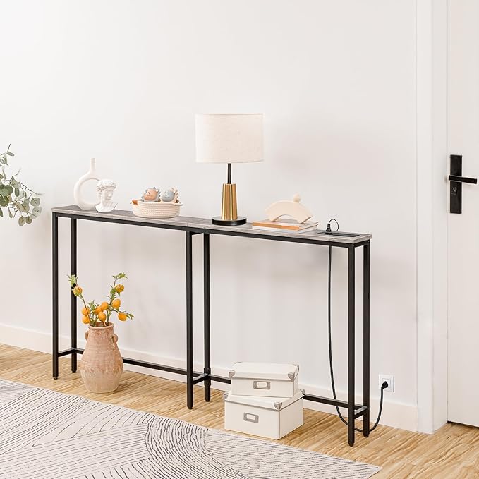 HOOBRO 63" Narrow Console Table with Charging Station, 5.9" Sofa Table with 2 Power Outlets and USB Ports, Long Entryway Tables Behind Couch Table, for Hallway, Livingroom, Greige and Black BG165UXG01