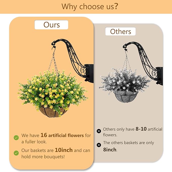 Artificial Hanging Flowers Basket for Outdoor, 16 Fake Flowers Look Real UV Resistant, Faux Hanging Plants for Porch, Balcony, Patio, Garden, Spring Summer Decor,Yellow