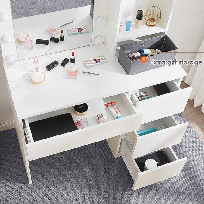 Vabches Makeup Vanity with Lights, 37inch Vanity Desk, 4 Large Drawers Dresser with Lighted Mirror, 3 Lighting Modes Brightness Adjustable, White
