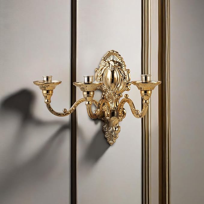 3-Candle Wall Sconces,Victorian Metal Wall Mounted Candlestick,Gold Crown Candle Holders for Tapered Candle,Gothic Antique Candelabra,Brass Baroque Decor for Living Rooms Hallways(1pack