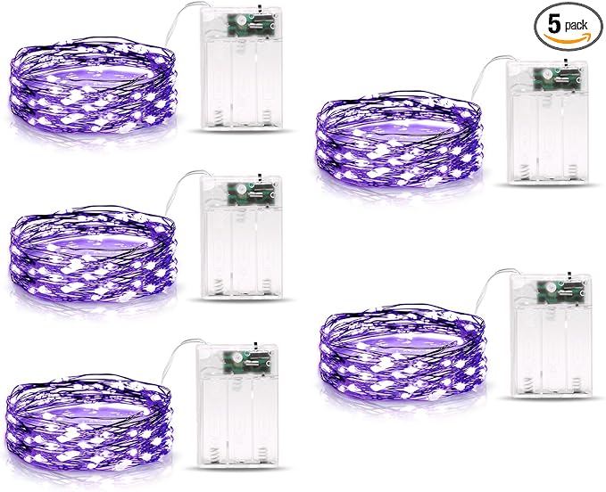 5 Pack Fairy Lights Battery Operated, 7 Feet 20 Led String Lights with Timer, Waterproof Firefly Lights for Party Haunted House Indoor Outdoor Halloween Decorations, 6 Hours on/18 Hours Off, Purple