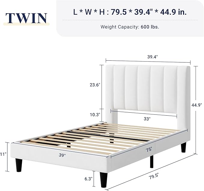 Allewie Twin Bed Frame/Velvet Upholstered Bed Frame with Vertical Channel Tufted Headboard/Strong Wooden Slats/Platform Bed Frame/Mattress Foundation/Box Spring Optional/Easy Assembly/White