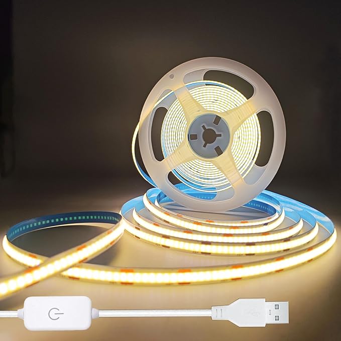 A 5V USB LED Light Strip, COB LED Strip Lights, White 5V LED Lights, Small LED Strip Light, TV Lights for TV Under Cabinet Kitchen Living Room Shelving or Displays (Warm 3.28ft)