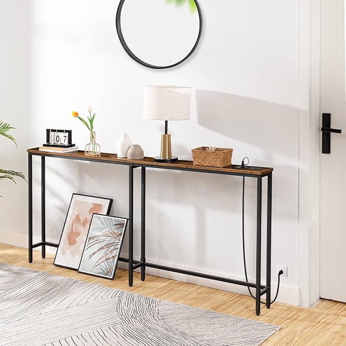 HOOBRO 70.9" Narrow Console Table with Charging Station, 5.9" Sofa Table with 2 Power Outlets and USB Ports, Long Entryway Tables Behind Couch Table, for Hallway, Living Room, Rustic Brown BF185UXG01