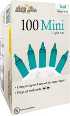 Brite Star 100 Count Mini String Christmas Lights, Teal - 22 feet Indoor/Outdoor Christmas Tree Lights with White Wire