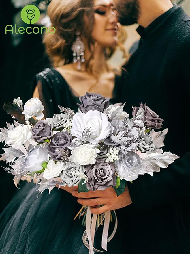 Alecono Artificial Flowers, Silver Silk Fake Flowers for DIY Wedding Cake, Grey Faux Flowers for Table Centerpieces Baby Shower Birthday Party Home Decorations
