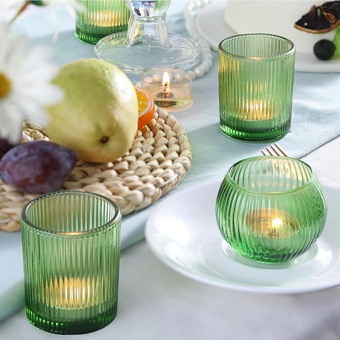 30pcs Assorted Ribbed Green Votive Candle Holders, Green Candle Holders for Wedding Centerpiece, Tea Light Candle Holder for Dinner Table Centerpiece, Home and Party Decorations