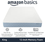 Amazon Basics Memory Foam Mattress, Medium Firm, Cooling Gel, King Size Mattress, CertiPUR-US® Certified Foam, 80 x 76 x 12 inches, White/Gray