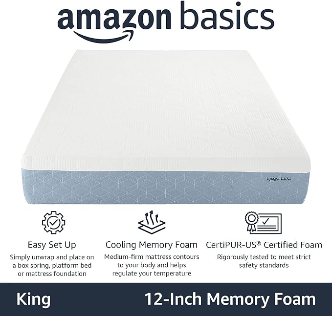 Amazon Basics Memory Foam Mattress, Medium Firm, Cooling Gel, King Size Mattress, CertiPUR-US® Certified Foam, 80 x 76 x 12 inches, White/Gray