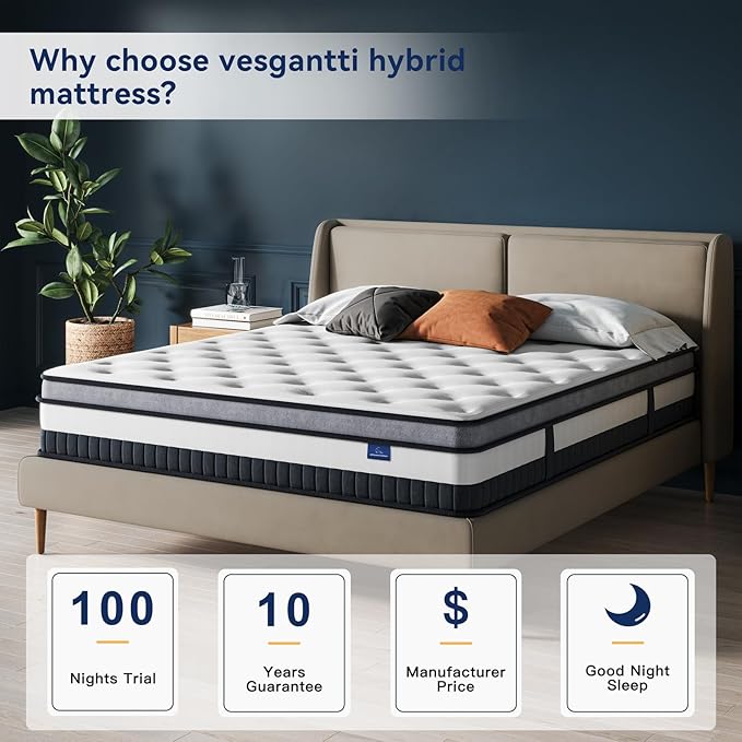 Vesgantti King Mattress 10 Inch Innerspring Multilayer Hybrid King Size Mattress - Ergonomic Design with Memory Foam and Pocket Spring Mattresses King Size - Box Top Series Medium Firm Feel