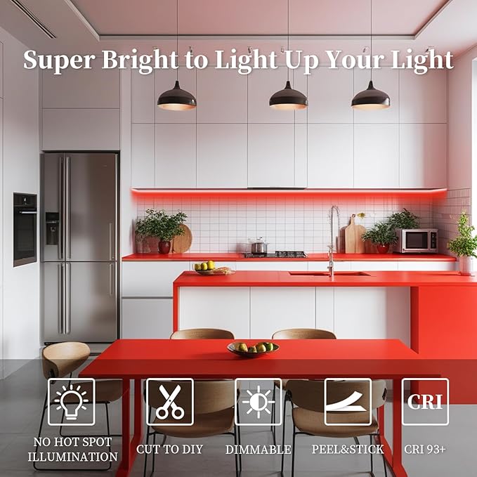 iNextStation COB LED Strip Light Red 16.4FT 5M, DC12V CRI 93+ Dimmable Flexible LED Tape Lights for Bedroom, Kitchen, TV Backlight, Cupboard, Wardrobe, Home Lighting Decor