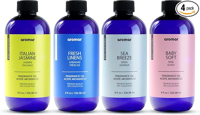 AROMAR Premium Fragrance Oil, Long-Lasting, Reinvigorating Uplifting Aroma for Aromatherapy, & Household Uses. Assorted 8oz scents 4pk