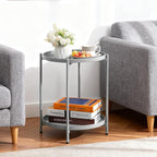HollyHOME 2-Tier Round Side Table, Outdoor Small Folding Accent Stand with Removable Tray, Anti-Rust Metal Asional Table for Balcony Patio Living Room, Nightstand for Bedroom(Grey)