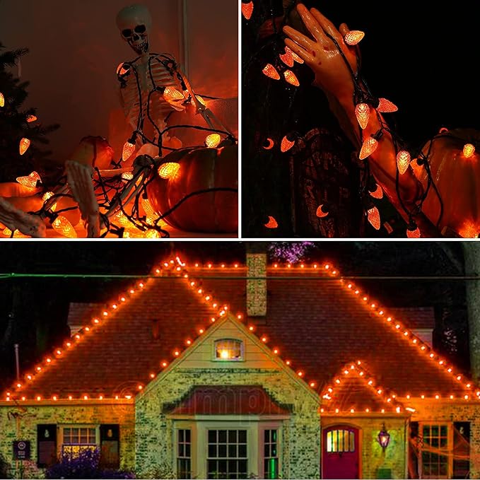 Brizled C9 Orange Lights, 16ft 25 LED Halloween Lights Connectable, UL Certified Orange Light String, Outdoor Lighting Black Wire for Halloween Thanksgiving Tree Patio Garden Party