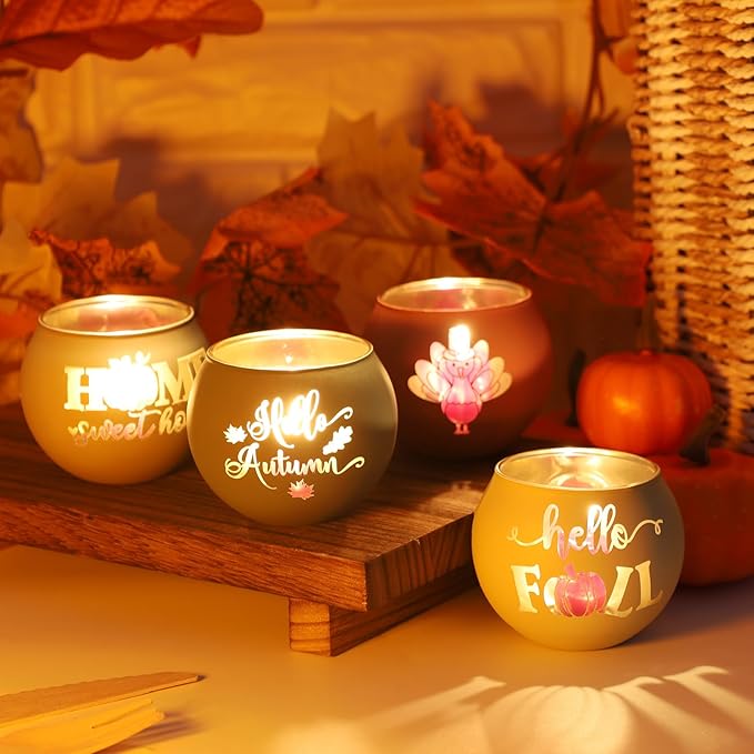 Set of 8 Fall Votive Candle Holder,Glass Tealight Holders with 6 Engraving Patterns,Thanksgiving Candlestick Holder for Home Wedding Table Centerpieces Decoration