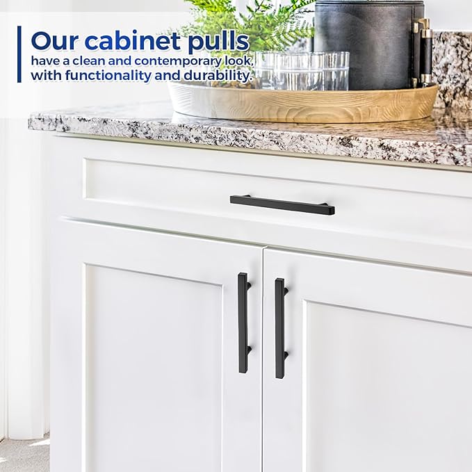 JOY DECOR 30 Pack 5 Inch Matte Black Square Cabinet Handles Stainless Steel Cabinet Hardware Pulls for Kitchen and Drawers with 7-3/8 Inch Overall Length