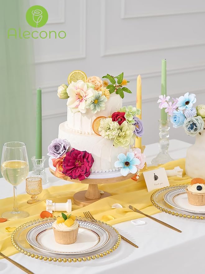 Alecono Artificial Flowers, Colorful Combo Silk Fake Flowers with Lemon Accessories for Cake Decorations, Home Table Centerpieces Birthday Party Decor