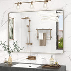 48x36 Inch Brushed Nickel Bathroom Mirror, Brushed Silver Metal Framed Wall Mirror, Rounded Corner Rectangle Modern Vanity Mirror, Tempered Glass, Anti-Rust, Shatterproof (Horizontal/Vertical)
