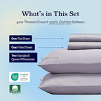 California Design Den Queen Sheet Set - Soft 400 Thread Count Sateen, Natural 100% Cotton Sheets for Queen Size Bed, Deep Pockets for a Snug Fit, Durable Bedding Set - Dusky Lavender Grey