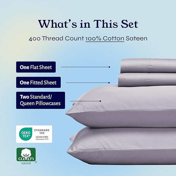 California Design Den Queen Sheet Set - Soft 400 Thread Count Sateen, Natural 100% Cotton Sheets for Queen Size Bed, Deep Pockets for a Snug Fit, Durable Bedding Set - Dusky Lavender Grey