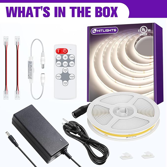 HitLights COB White LED Strip Lights Kit with Remote & 24V Power Supply, 16.4ft Dimmable Tape Light 4000K, 2560LEDs, 350+ LM/FT, UL Listed, Flexible Rope Lights for Bedroom, Kitchen, Cabinet Lighting