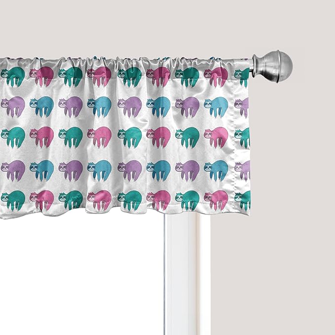 Ambesonne Funny Sloth Window Valance, Colorful Art Repeating Lazy Animal on Plain Backdrop, Curtain Valance for Kitchen Bedroom Decor with Rod Pocket, 42" x 18", Dark Seafoam Pink