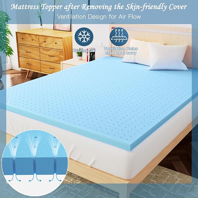 Airensky 2 Inch Memory Foam Mattress Topper, Cooling Gel Infused High Density Full (54"x75") Topper with Removable Skin-Friendly Cover, Bed Topper for Pressure Relief Back Pain, CertiPUR-US Certified