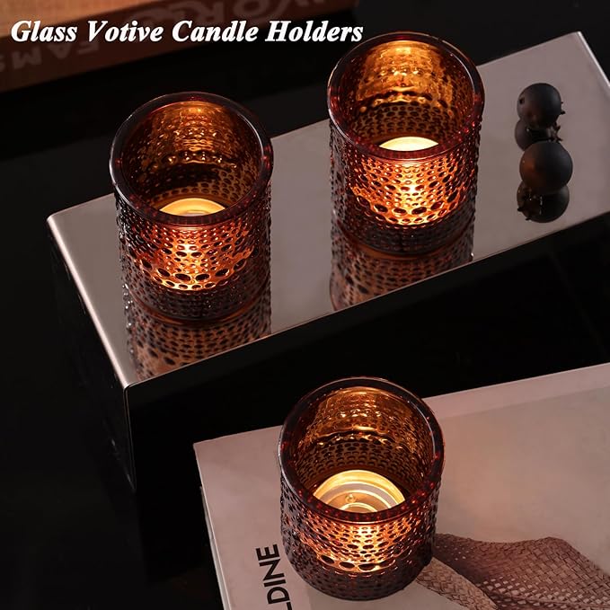 40Pcs Glass Votive Candle Holders, Amber Tea Light Candle Holders Vintage Fall Tealight Candle Holder Bulk for Autumn, Thanksgiving Table Centerpieces, Christmas Decor (Amber)