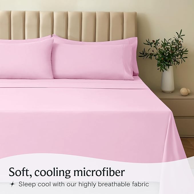 LuxClub 5 PC Sheet Set Bed Sheets Deep Pockets 16" Eco Friendly Wrinkle Free Cooling Machine Washable Hotel Bedding Silky Soft - Powder Pink Split King