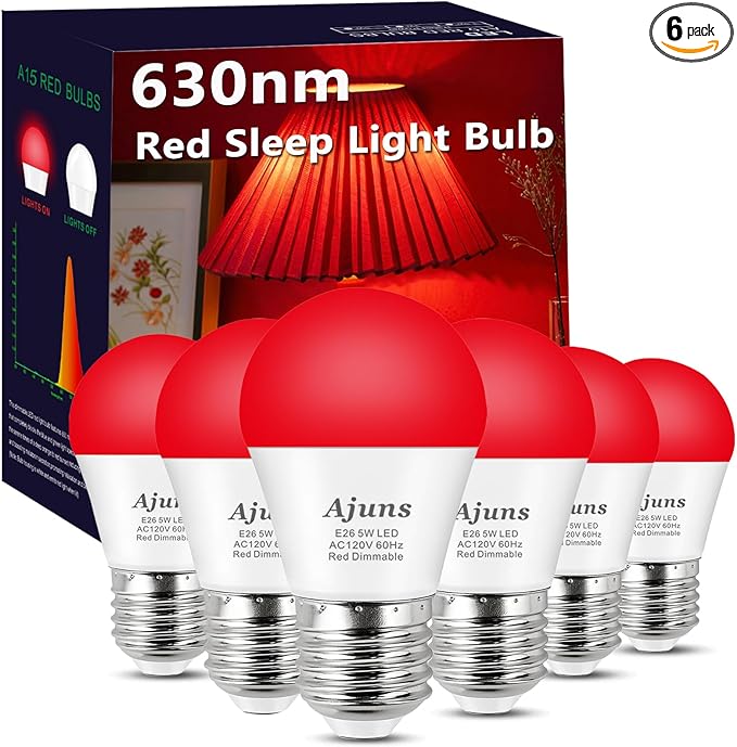 630nm LED Red Sleep Light Bulb Dimmable, Blue Light Blocking Bulb Promoting Melatonin Red Light Bulbs, A15 LED 5W 40W Equivalent Night Light E26 Base 6Pack
