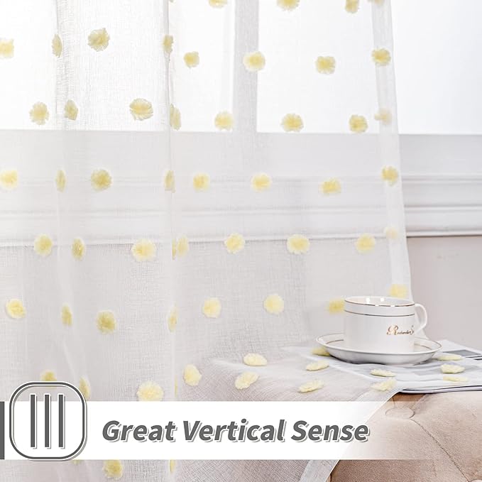 MYSKY HOME Pom Pom White Sheer Curtains for Girls Bedroom Mustard Yellow Curtains for Nursery 84 Inch Long Living Room Curtains 2 Panels Light Filtering Rod Pocket Window Drapes 52 x 84 inch