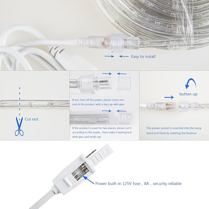 50ft/15m Plug in LED Rope Lights, 540 Daylight White LEDs, 110V, Waterproof,Connectable, Power Socket Connector Fuse Holder, Indoor/Outdoor Use, Ideal for Backyards, Decorative Lighting