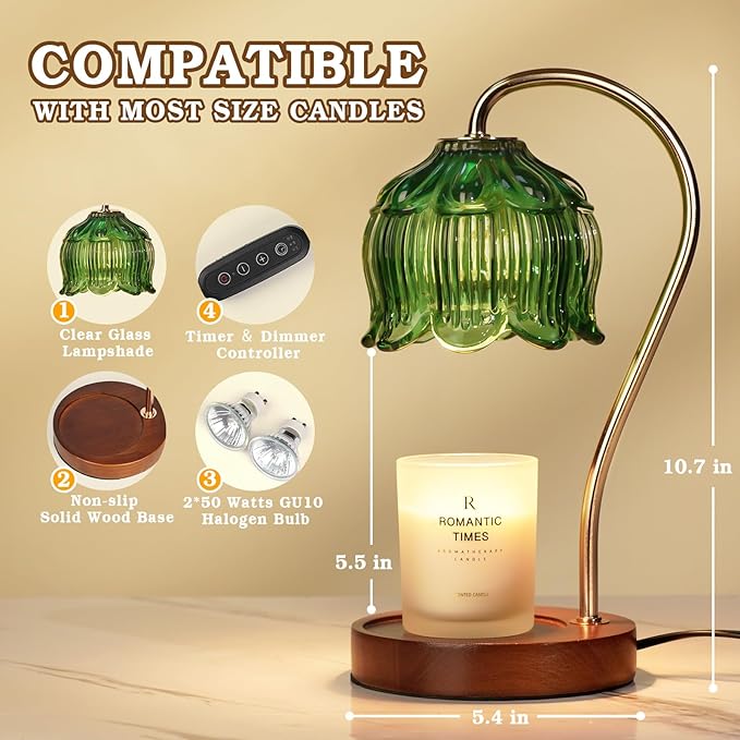Green Candle Warmer Lamp with Timer, Christmas Gifts, Dimmable Flower Candle Lamp Warmer, Vintage Birthday Gifts for Women, Mom, Female Friend, Aromatic Candle Light for Yankee Candles
