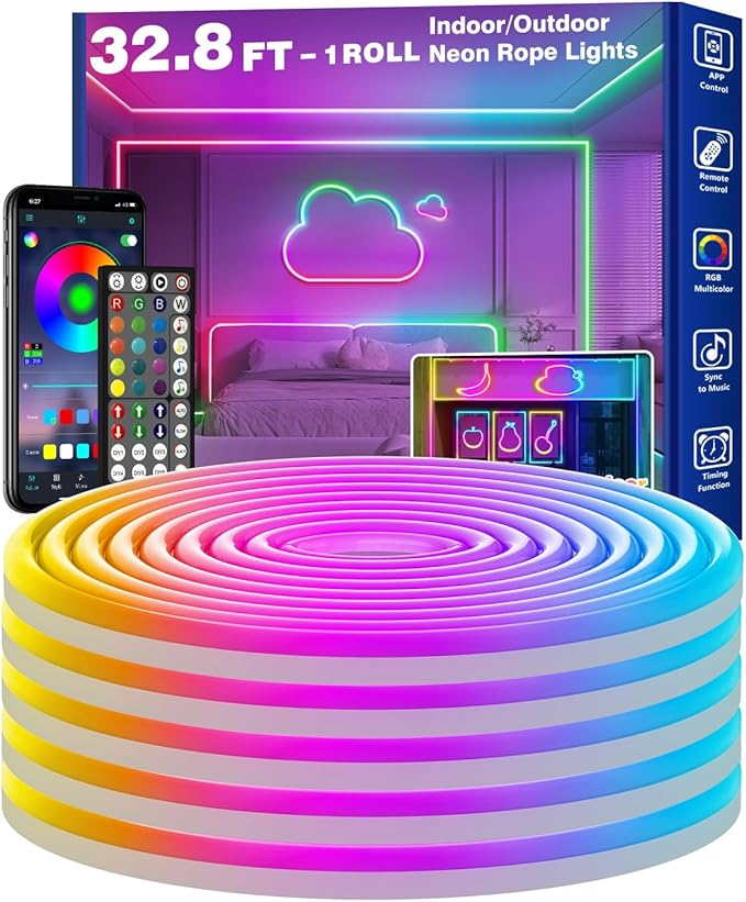 32.8FT Neon Rope Lights,Flexible Led Rope Lights Control with App/Remote,Multiple Modes Rope Lights,IP65 Outdoor RGB Led Neons Light Waterproof