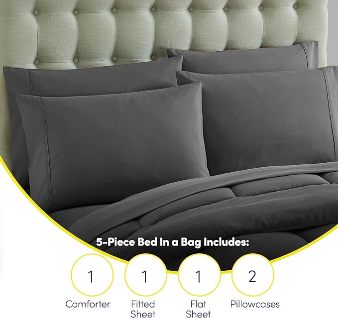 Sweet Home Collection 5 Piece Comforter Set Bag Solid Color All Season Soft Down Alternative Blanket & Luxurious Microfiber Bed Sheets, Gray, Twin (Pack of 4)