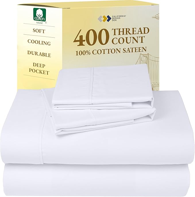 California Design Den Full Size Bed Sheets Set - Soft 400 Thread Count Sateen, Natural 100% Cotton Sheets Full Size Bed Set, Deep Pockets for a Snug Fit, Durable Bedding - White