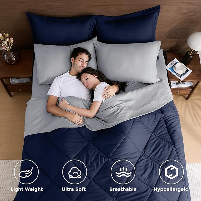 HEVUMYI King Comforter Set - 7-Piece All Season Bed in a Bag King, Ultra Soft Bedding Set with Comforter, Flat Sheet, Fitted Sheet, Pillowcases, Pillow Shams, Navy Blue & Light Grey