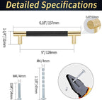 Knurled Cabinet Pulls 12 Pack, 6 Inch Long Cabinet Handles Metal Door Pulls, Kitchen Drawer Pull Knurled Dresser Handles - 5" Hole to Hole, Black & Gold