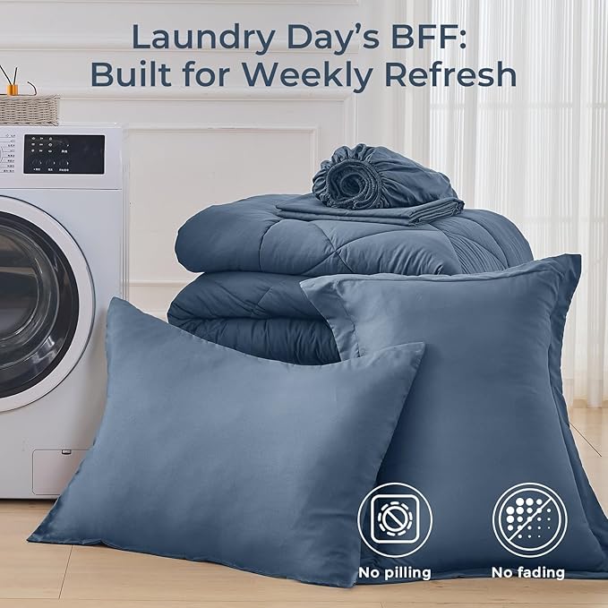 HEVUMYI Dusty Blue Twin Comforter Set - 5-Piece All Season Bed in a Bag Twin, Ultra Soft Bedding Set with Comforter, Flat Sheet, Fitted Sheet, Pillowcases, Pillow Shams