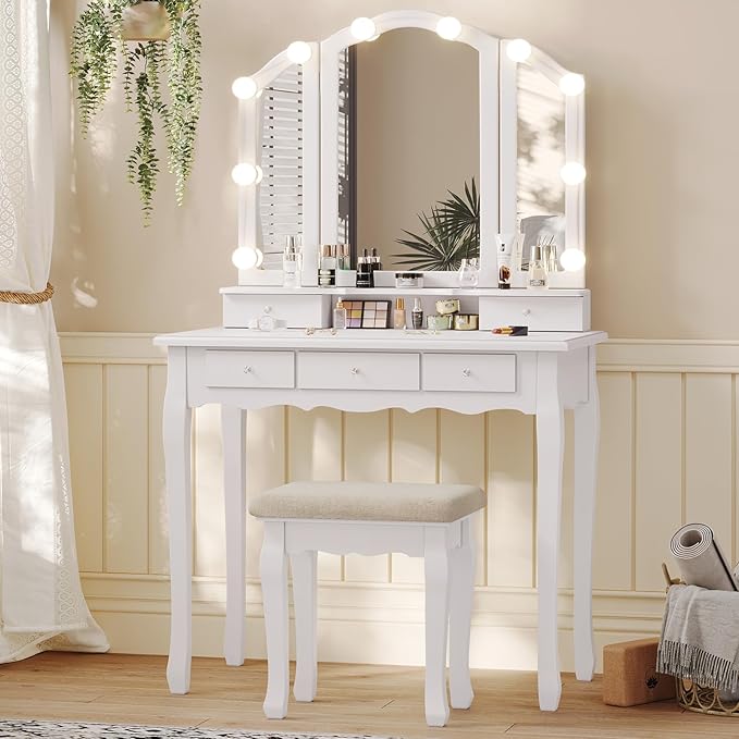 Tiptiper Vanity Table Set with Lighted Tri-Folding Mirror, Makeup Vanity with Lights & 3 Color Lighting Modes, Vanity Desk with Mirror and Cushioned Stool, Makeup Table with 5 Drawers, White
