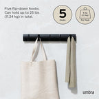 Umbra Flip Wall-Mounted Coat Rack with 5 Hooks – Modern, Space-Saving Storage for Hats, Jackets, Bags, Entryway, Mudroom, Closet, Bathroom, Bedroom – Black