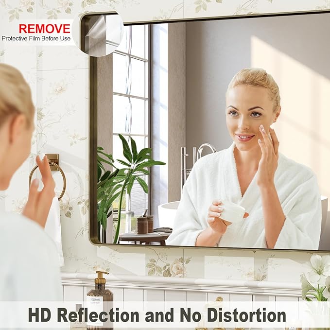 24x36 Inch Bronze Framed Bathroom Mirror, Rectangle Brushed Bronze Metal Vanity Mirror, Small Modern Wall Mirror, Rounded Corner, Tempered Glass, Anti-Rust, Shatterproof (Horizontal/Vertical)