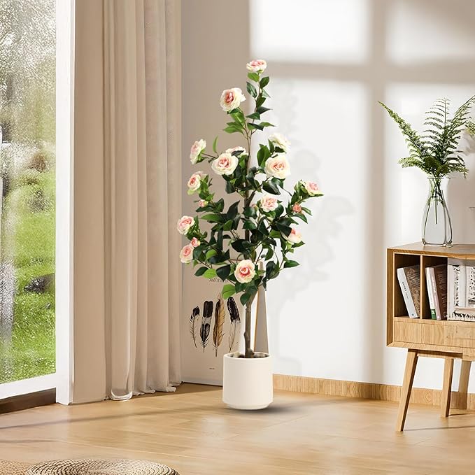 4FT Artificial Camellia Tree with White Planter & Pebbles,Faux Flower Tree with Lifelike Leaves and Realistic Trunk,Tall Fake Potted Plant for Home Décor Indoor Outdoor. (White, 4FT)
