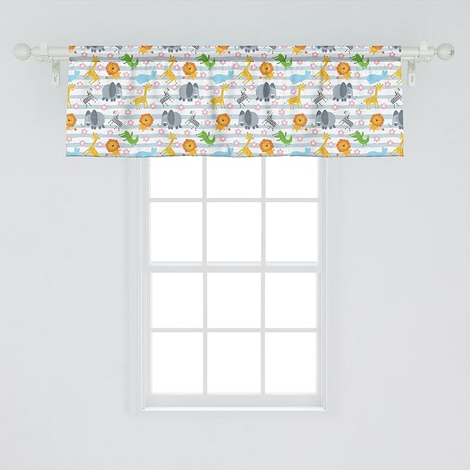 Ambesonne Savannah Window Valance Pack of 2, Friendly Zoo Animals with Happy Faces Cartoon Characters on Stripes Print, Rod Pocket Curtain Valances for Kitchen Bedroom, 42" X 18", Pale Azure Blue