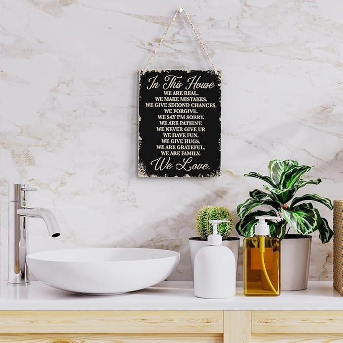 In This House Wooden Hanging Sign, House Rules Signs, Farmhouse Living Room Home Decor Wall Art, Inspirational Family Quote, Scripture Wooden Hanging Sign for Farmhouse Home Wall Art Decoration