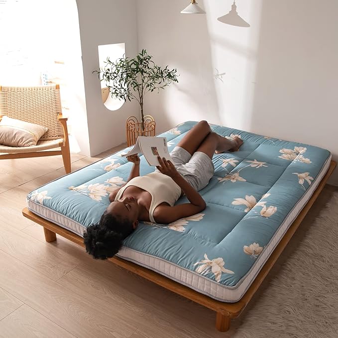 MAXYOYO Floral Printed Futon Mattress, Japanese Floor Mattress Quilted Bed Mattress, Extra Thick Folding Sleeping Pad Breathable Floor Lounger Guest Bed for Camping, Twin Size